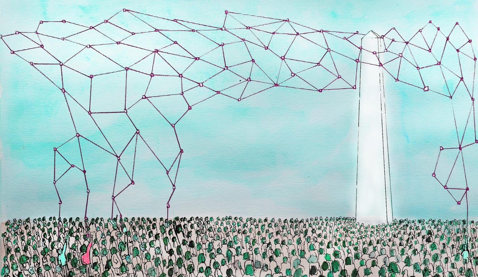 Illustration: eine große Menschenmenge unter einem weit gespannten Netz aus Knoten und Linien, daneben ein hoher weißer Turm