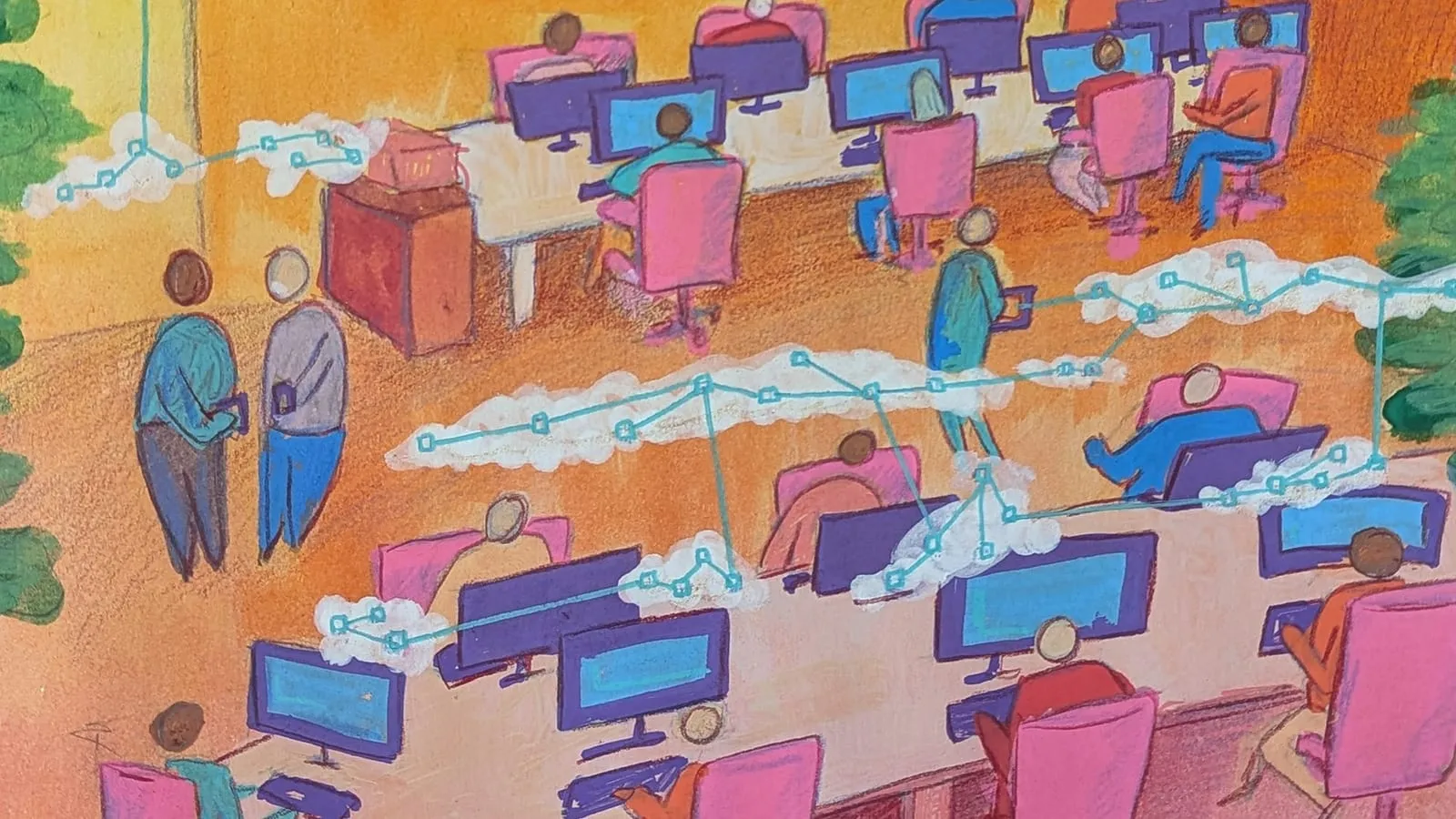 Illustration: ein Großraumbüro mit vielen Arbeitsplätzen, über den Schreibtischen schweben Wolken mit verbundenen Datenpunkten