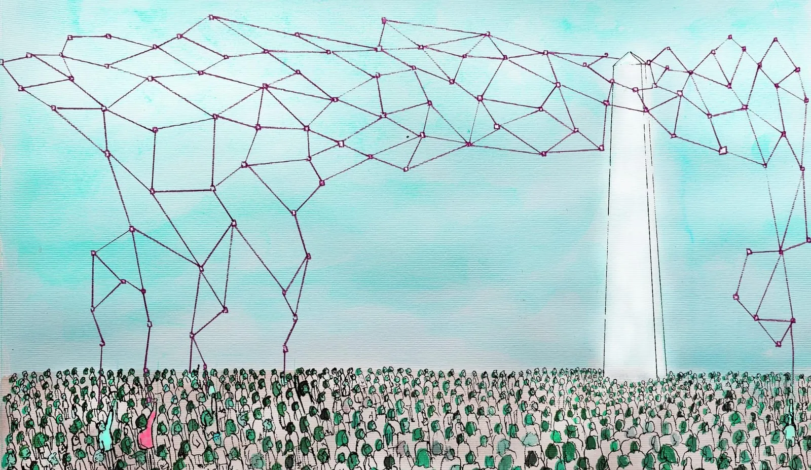 Illustration: eine große Menschenmenge unter einem weit gespannten Netz aus Knoten und Linien, daneben ein hoher weißer Turm
