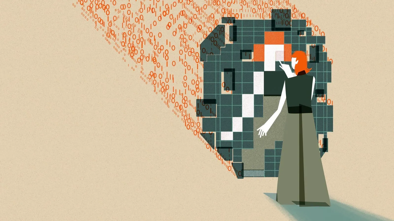 Illustration: eine Person steht vor einer großen, aus Kacheln zusammengesetzten Struktur, die ihre Gestalt spiegelt